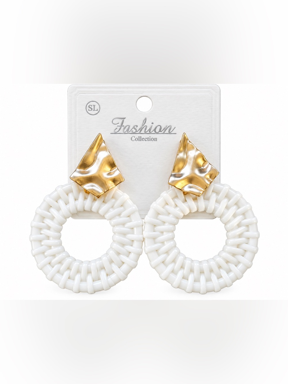 White Woven Statement Drop Earrings Gold Tone Geometric Boho